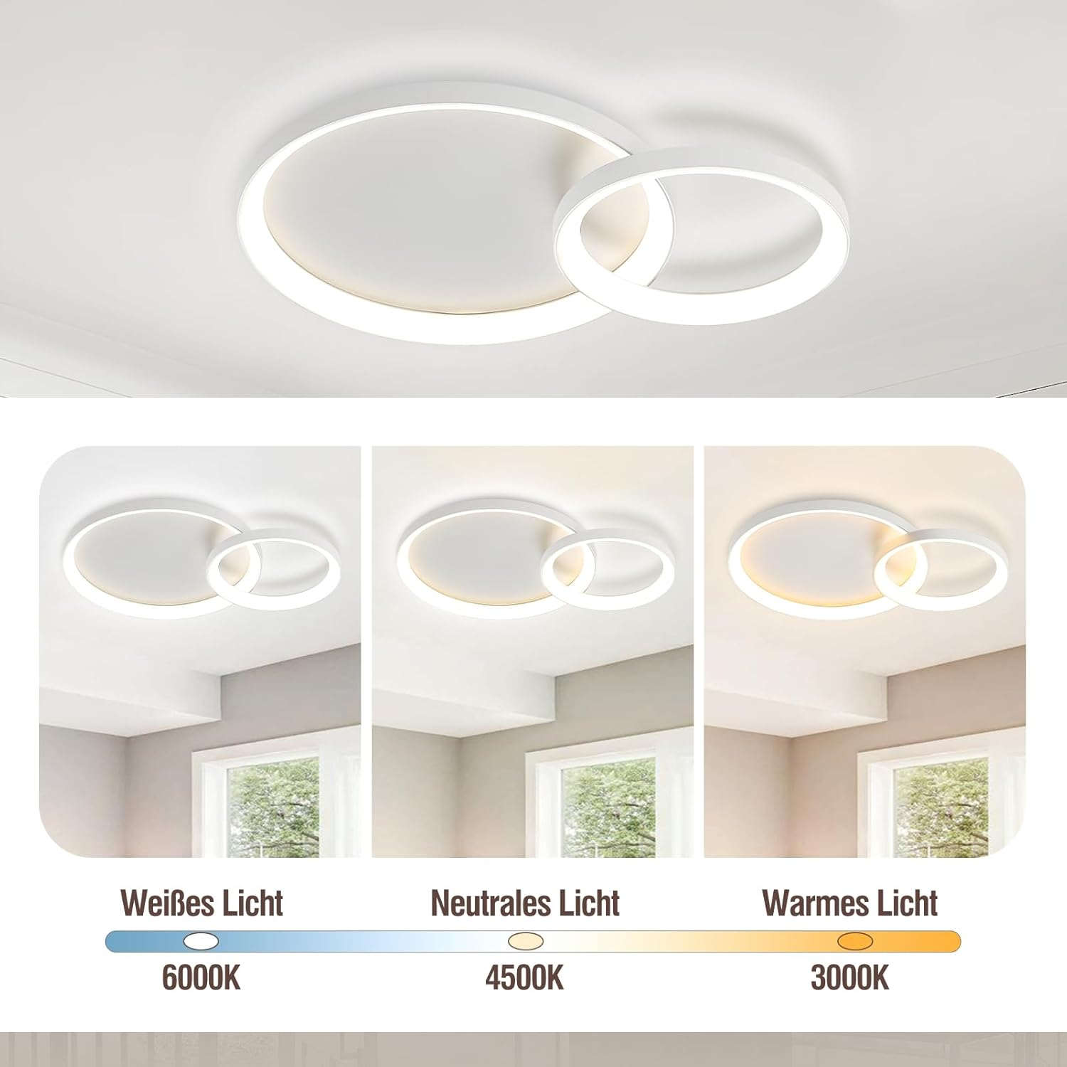 RRBEST LED Ceiling Light Living Room Ceiling Light, 28 W/57 Cm Dimmable Modern Living Room Lamp with Remote Control, 3000 K - 6000 K, Black 2-Ring Design Bedroom Lamp for Dining Room, Study image number 4