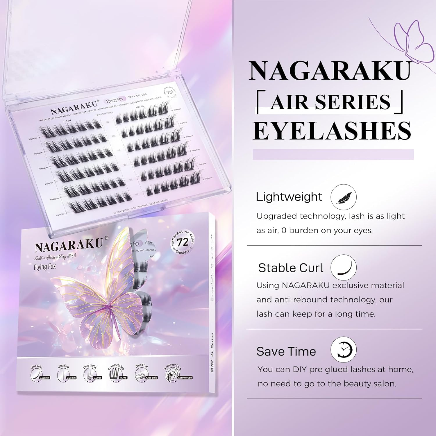 NAGARAKU Pre Glued Cluster Lashes Air Series Eyelashes Flying Fox Style 72 Pcs No Glue Needed Pre-Bond Eyelashes Self Adhesive DIY Lashes（0.07Mm C Curl Mix Length) image number 4