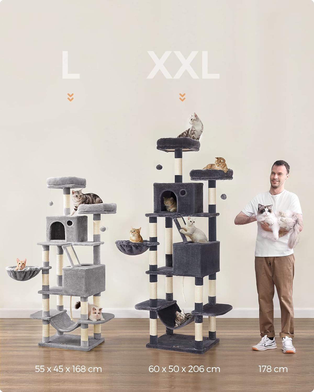 FEANDREA Cat Tree, 168 Cm Large Cat Tower with 13 Scratching Posts, 1 Scratching Ramp, 2 Perches, 2 Caves, Basket, Hammock, Pompoms, Multi-Level Plush Cat Condo for Indoor Cats, Light Grey image number 3