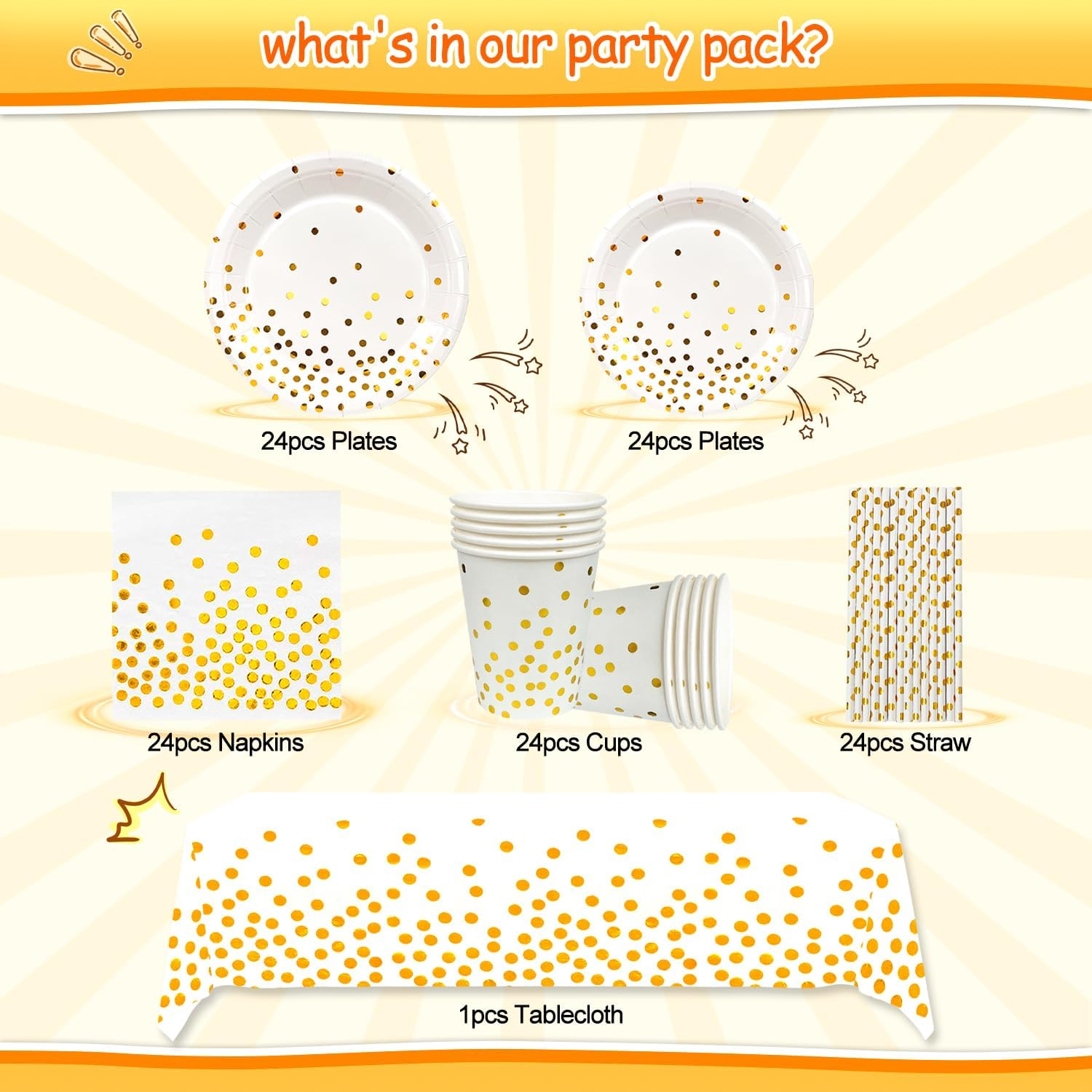 White and Gold Party Supplies, 24 Guests Gold Paper Plates and Napkins Party Supplies Set - White and Paper Plates Cups Tablecloth & Dot Napkins for Graduation, Holiday image number 5