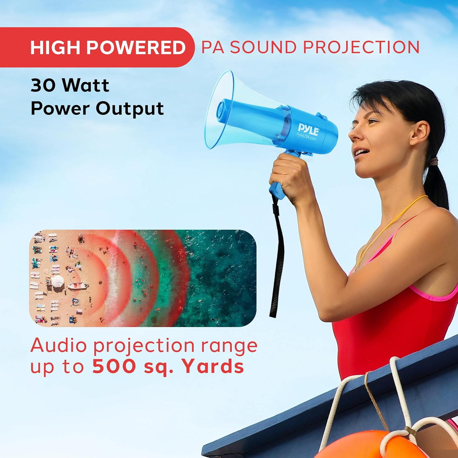 Pyle 30W Megaphone Siren Bullhorn Speaker, Rechargable, Portable and Lightweight Automatic Bullhorn for Indoor & Outdoor Use, 500 Square Yards Projection Range, Used as Siren/Music (Transparent Blue) image number 3