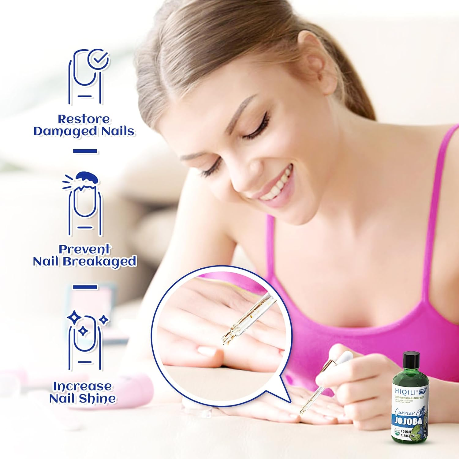 HIQILI Jojoba Oil Organic, Cold Pressed & Unrefined Jojoba Essential Oil Perfect for Skin, Hair Growth, Nails, Massage, Body Care 100Ml image number 1