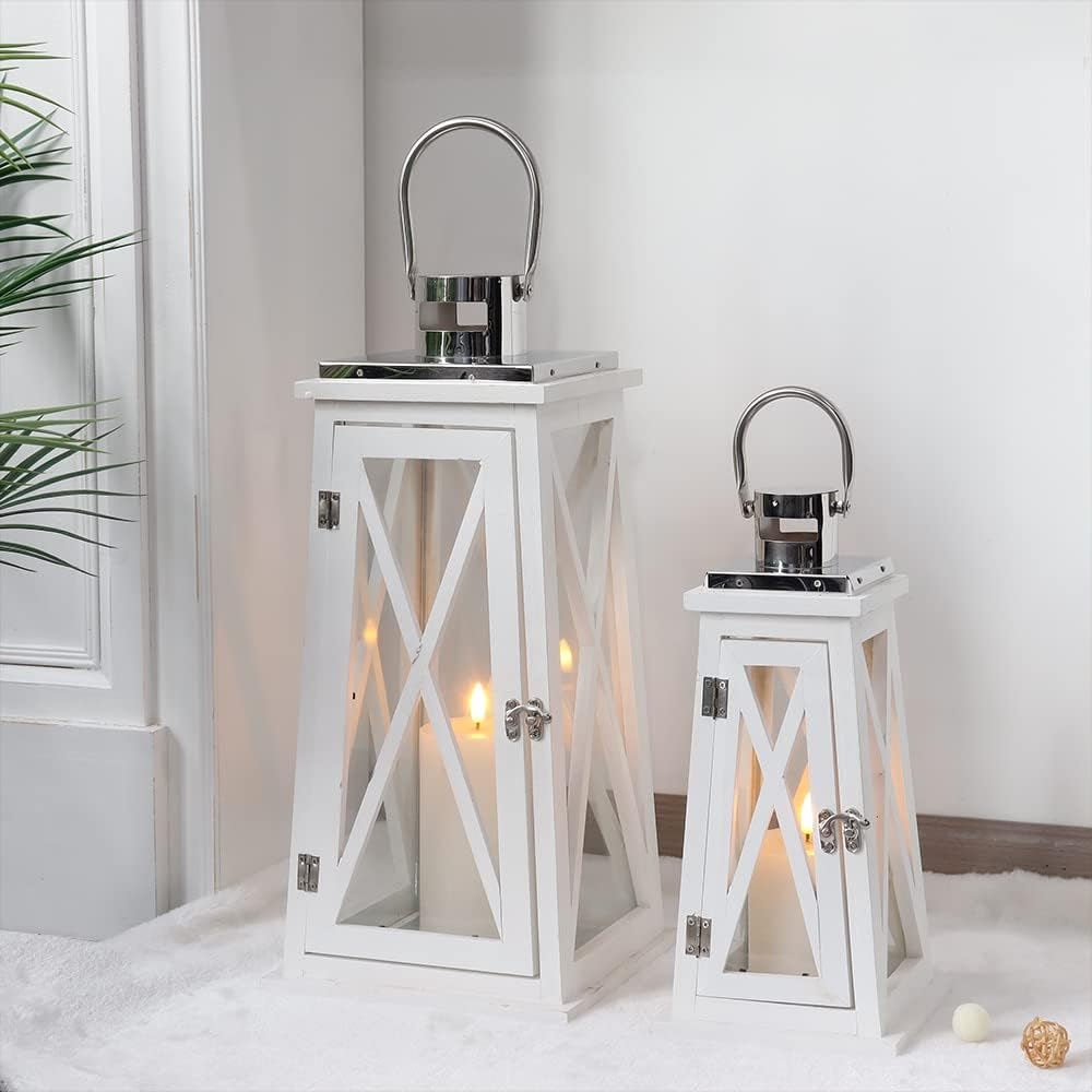 TRIROCKS Set of 2 Farmhouse Wooden Lantern 56&40 Cm Tall Metal Decorative Candle Holders with Tempered Glass Rustic Hanging Lantern for Patio Garden Wedding Parties Indoor Outdoor(White) image number 5