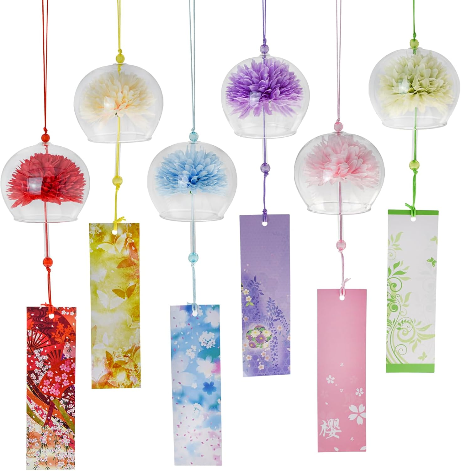 Mrmrkura 6 Pcs Japanese Wind Chimes, Colorful Glass Wind Chimes with Label Handmade Bell Wind Chime Pendent for outside Garden Patio Home Decor (Flower)