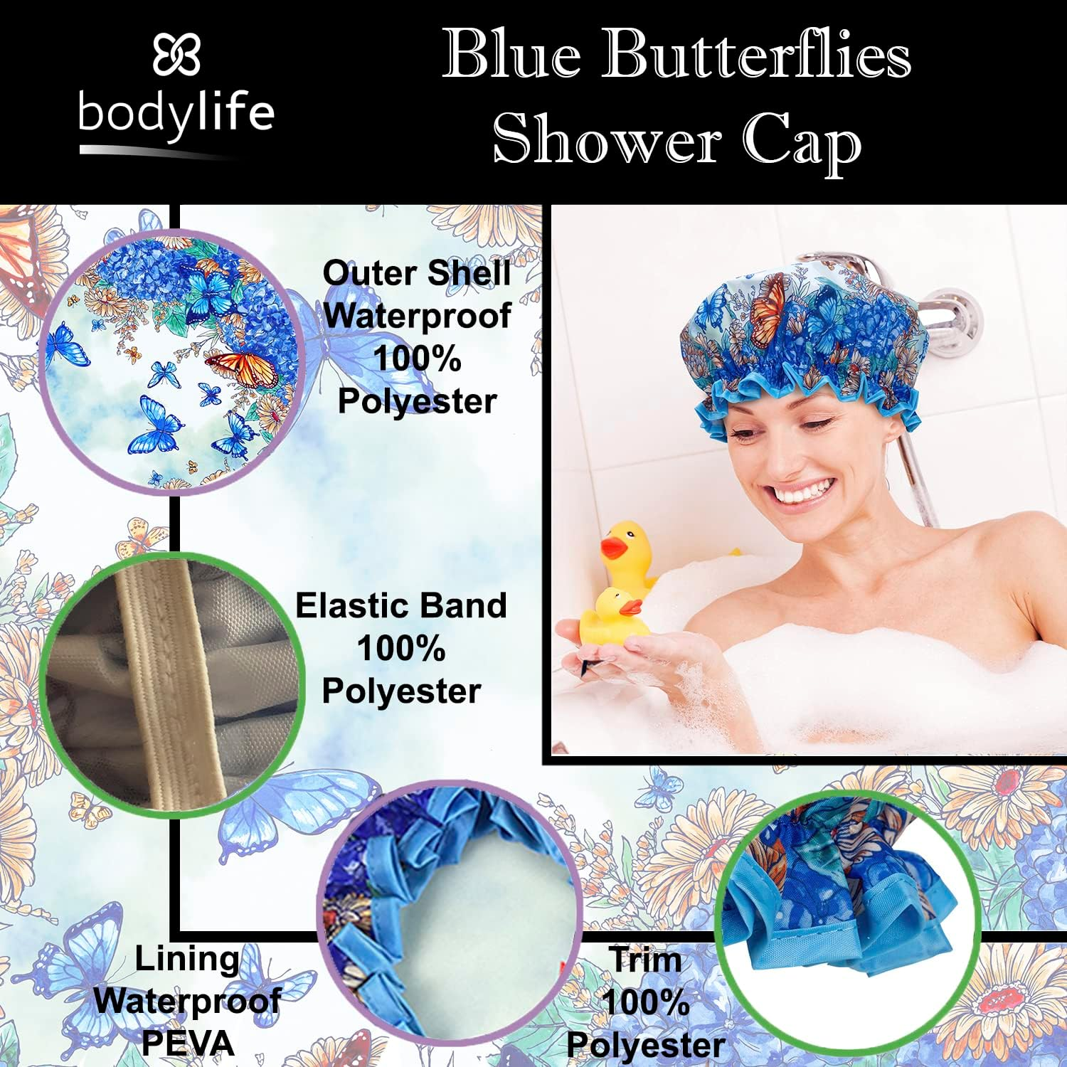 Bodylife Shower Cap Reusable Bath Cap Dual Layered Waterproof Blue Butterflies 27Cm image number 3