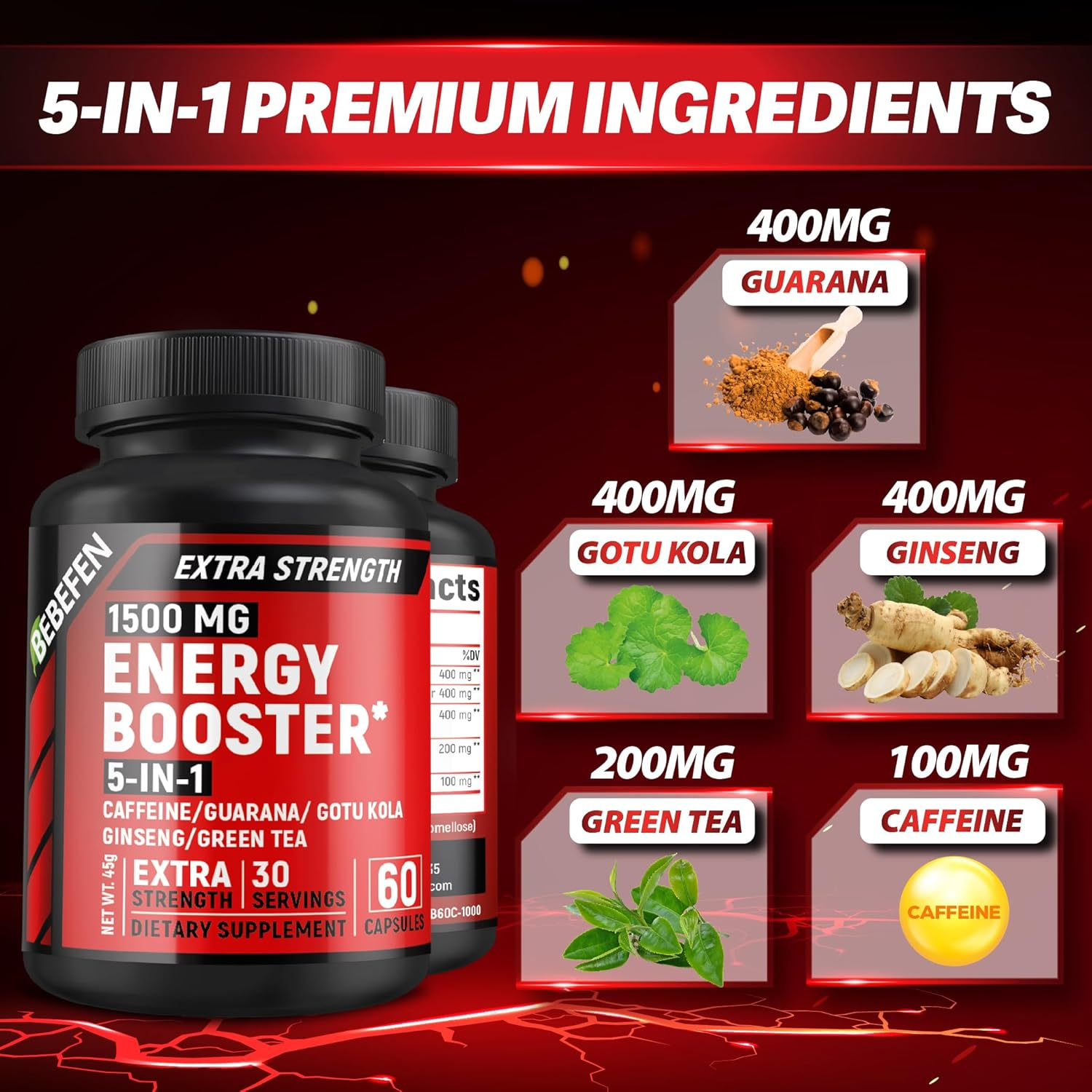 Energy Supplement, 1,500Mg per Serving | with Caffeine, Guarana, Gotu Kola, Ginseng & Green Tea | Daily Energy Booster Pills | Non-Gmo, Gluten Free (60 Capsules) image number 4