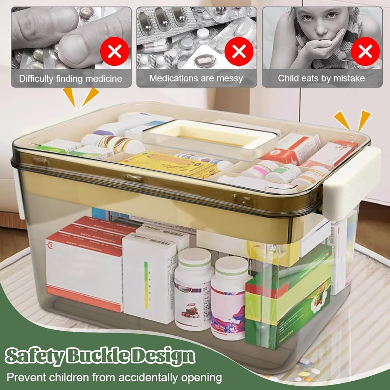 Aping Medicine Storage Box Double Layer Medicine Box Home Medicine Box Plastic Pharmacy Organiser Plastic Storage Box Medicine First Aid Box with Handles 28 X 18.5 X 15.5 Cm Medicine Case for Home