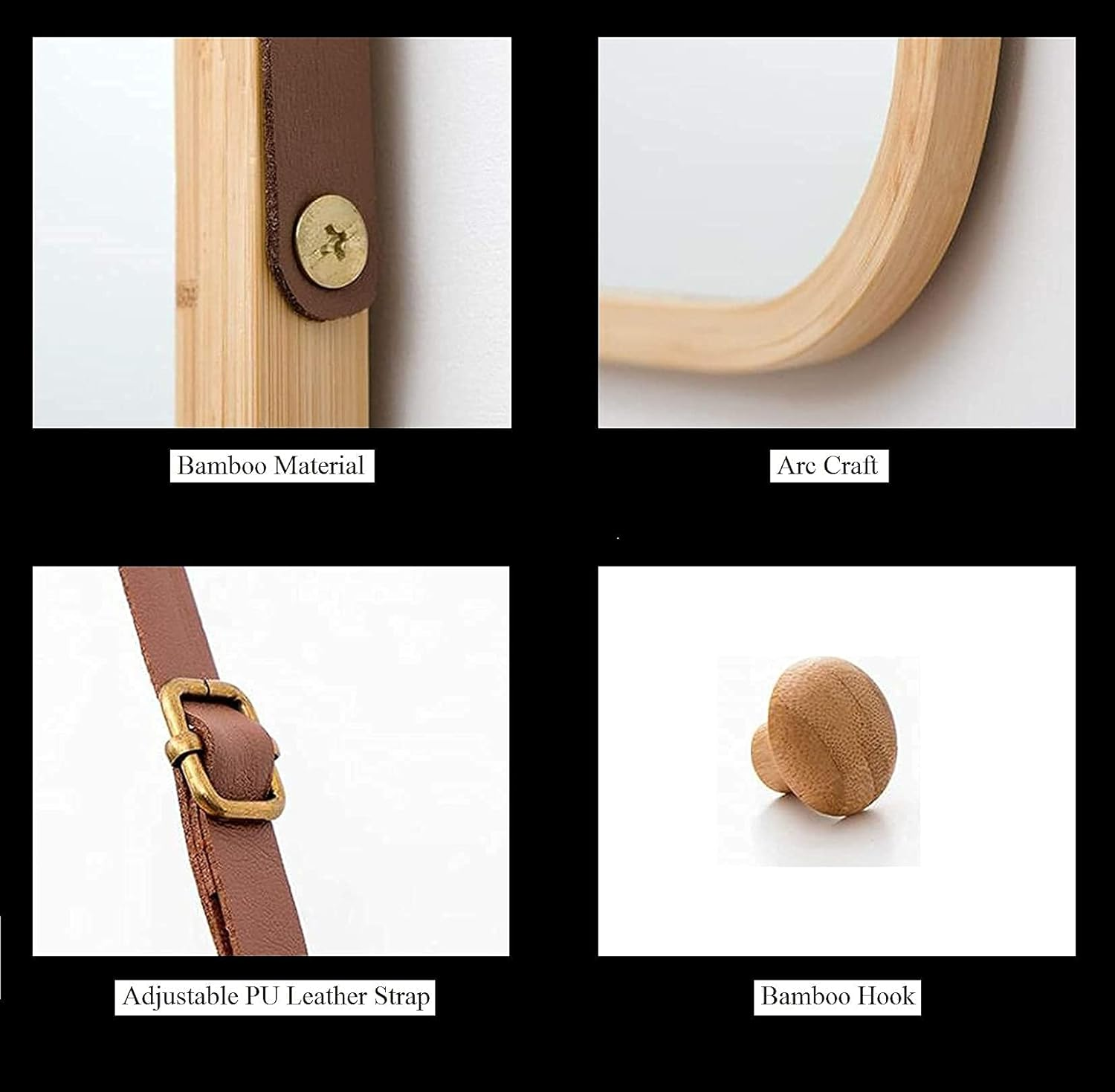 Hanging Wall Mirror 74X43Cm - Solid Bamboo Frame and Adjustable Leather Strap for Bathroom and Bedroom, Vanity Mirror, Makeup Mirror, Face Mirrors, Wall Shelf Mirror (Full Length)