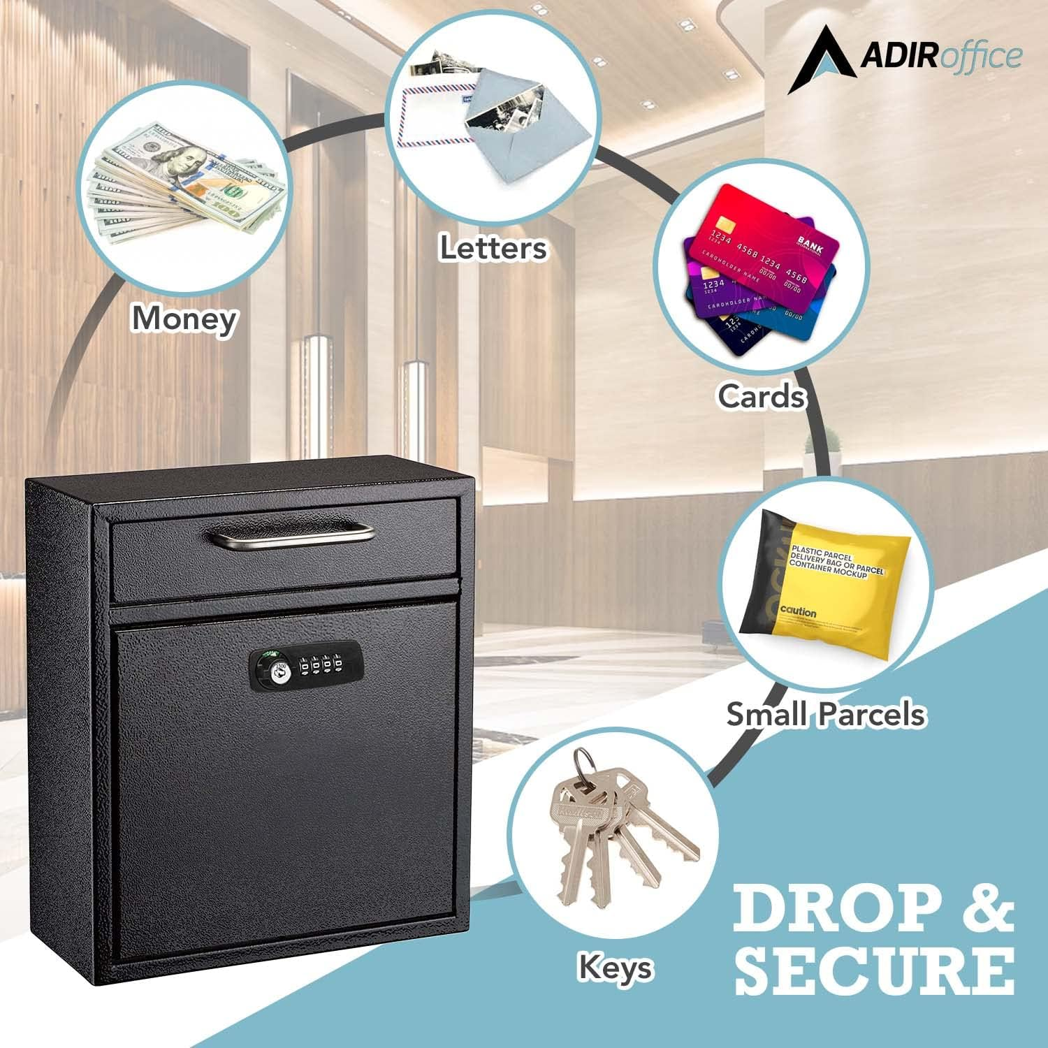 Adiroffice Ultimate Drop Box Wall-Mounted Mailbox - Hanging Secured Postbox - Durable Spacious Key or Combination Lock Box Perfect for after Hours Deposits Payments Key and Letter Drop (Medium, Black) image number 4