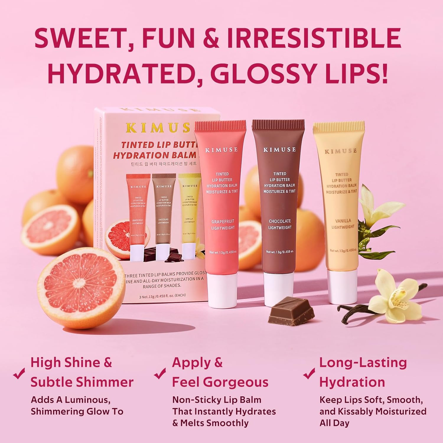 KIMUSE Tinted Lip Balm Trio, Hydrating Lip Butter Moisturizing for Shine Finish & Soft, Cruelty-Free & Vegan Formula image number 2