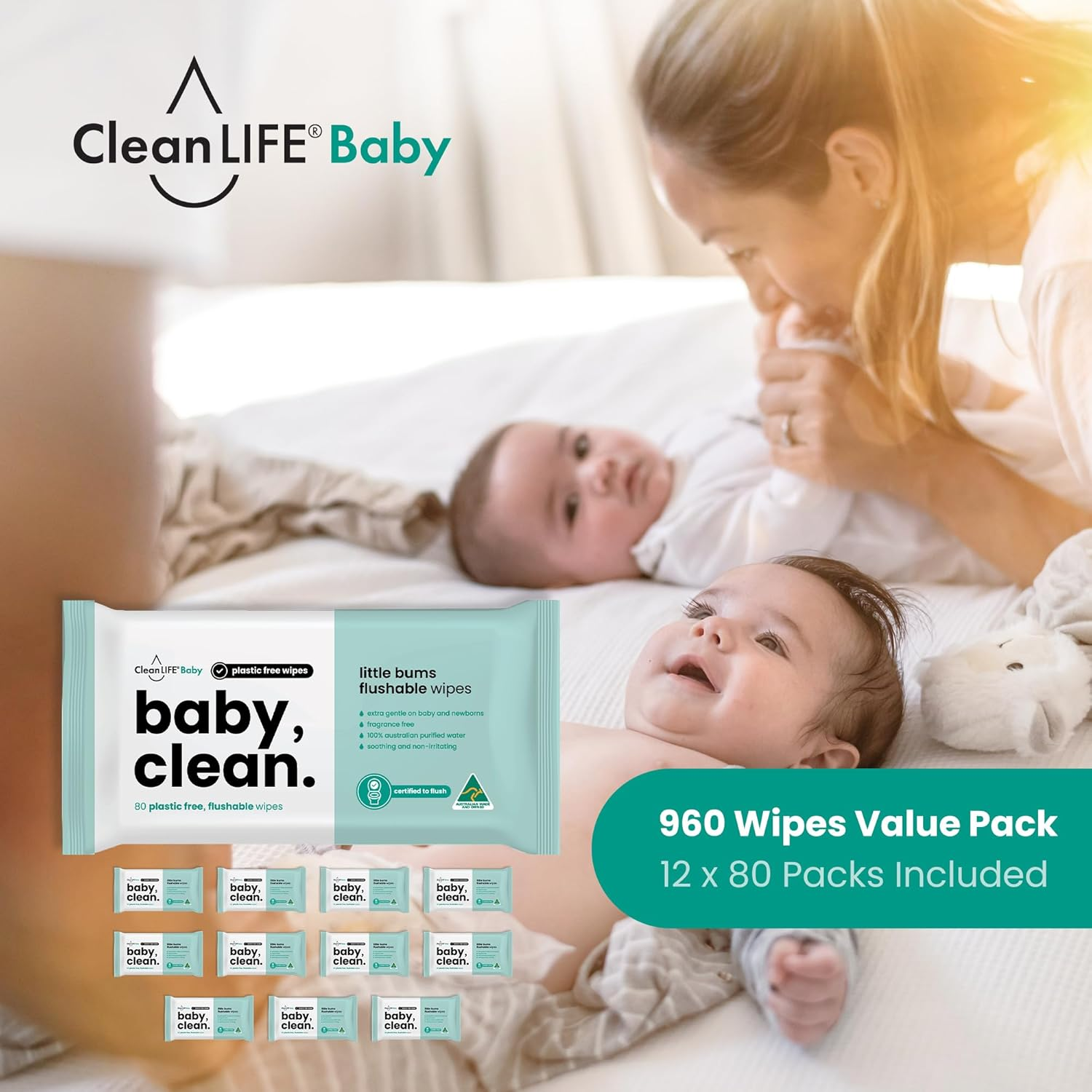 Cleanlife Flushable Biodegradable Aloe Vera Baby Wet Wipes - Fragrance Free, Hypoallergenic, 100% Plant Based, Unscented, Sensitive Skin, Nappy Change, Septic Safe, 80 Wipes, 12Packs image number 3