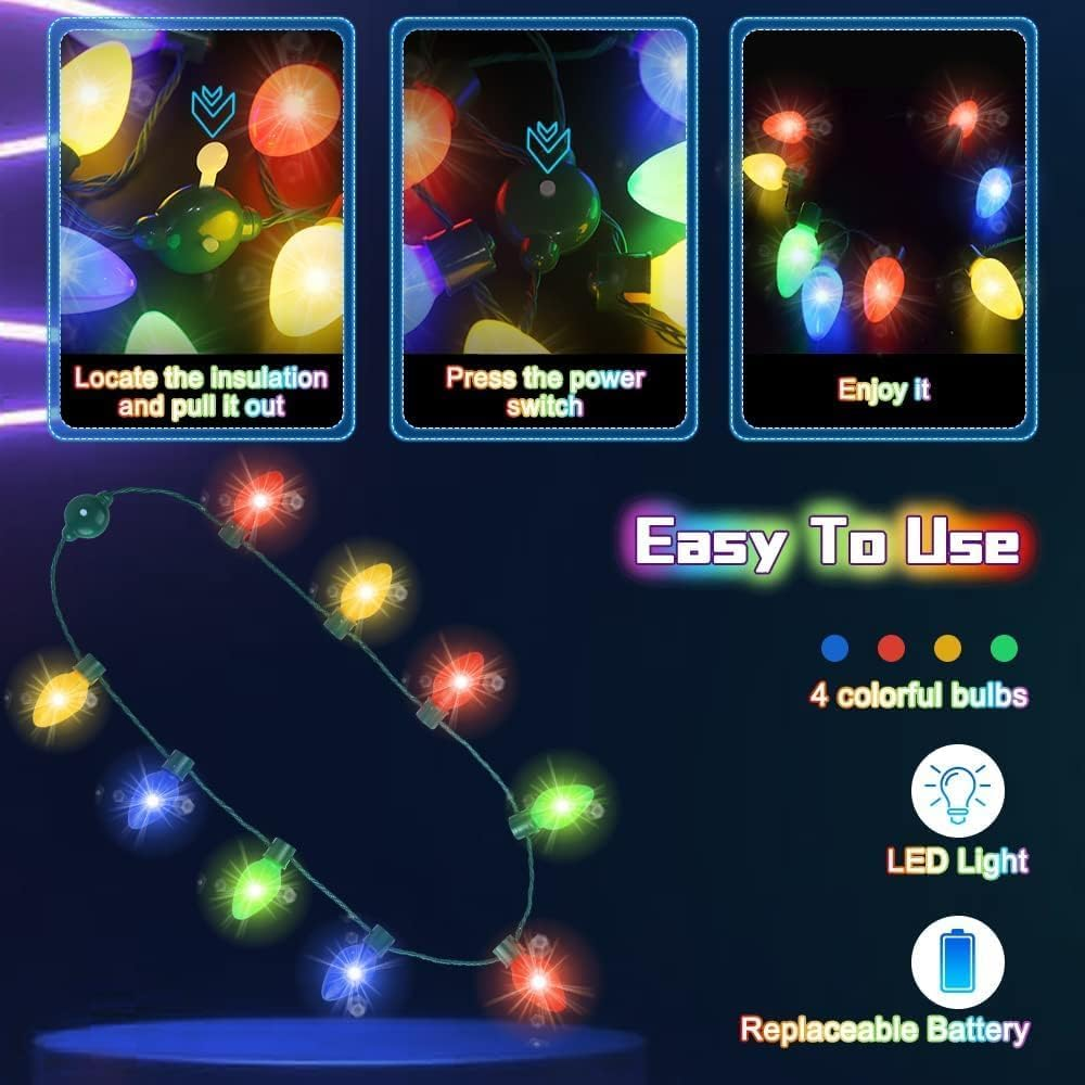 Christmas Light up Necklace Bulbs, Led Glow in the Dark Necklace Xmas Party Accessories Supplies for Kids Adults, Holiday Red Blue Green Flashing Necklace for Celebration Firework Party Memoria Christmas 3 PACK image number 4
