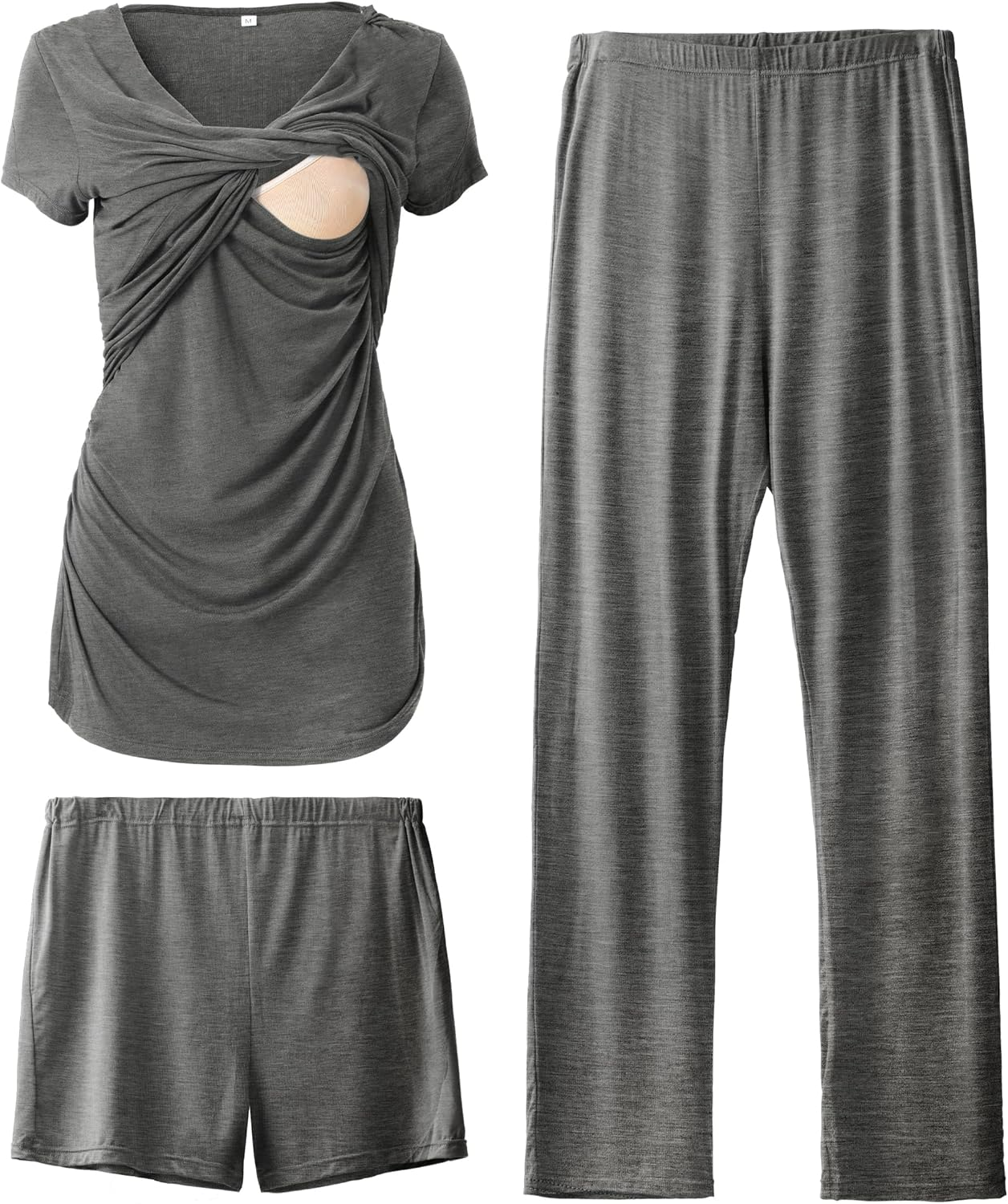 SUNNYBUY Women'S Maternity Postpartum Pajamas Set, Breastfeeding Tops，Adjustable Pregnancy Shorts & Pants 3 Piece Nursing PJS