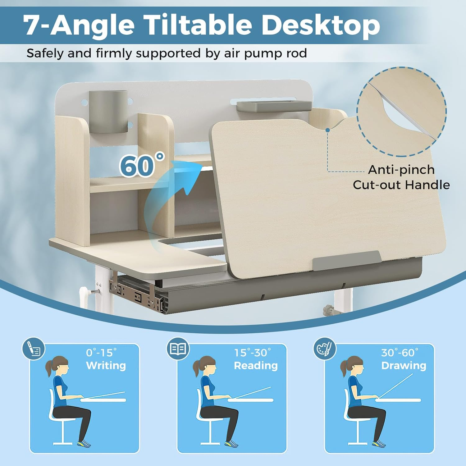 HONEY JOY Kids Study Desk, Height Adjustable Children Writing Table W/Tilt Desktop, Home School Student Learning Desk W/Hutch, Storage Drawer, Tray, Pen Holder & Scale Ruler for 3-12 Years, Grey