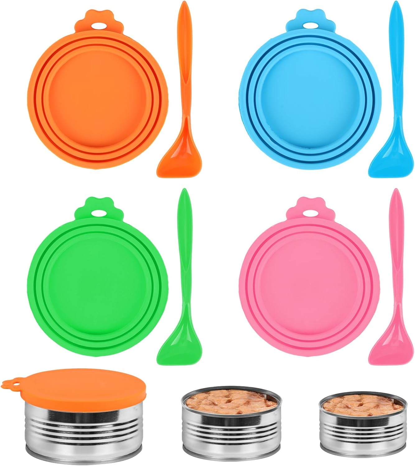 4 Pack Silicone Pet Can Covers with Spoons - 1 Fit 3 Standard Size Cans with Universal Dog Cat Food Can Cover, Includes Silicone Pet Can Lid, BPA Free & Dishwasher Safe (Blue/Pink/Green/Orange) image number 3