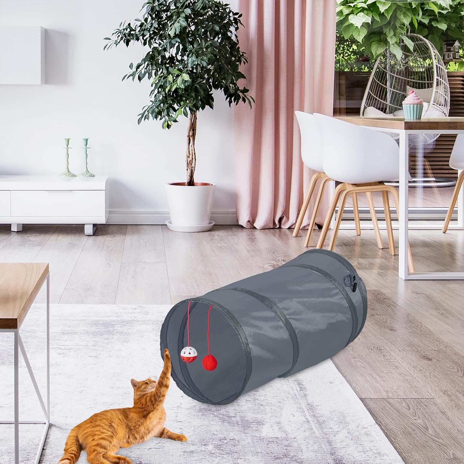 Relaxdays Cat Tunnel Foldable W X D: Approx. 48 X 26 Cm, Cat Tube with Toy and Bag, Interactive Play Tunnel, Grey image number 2