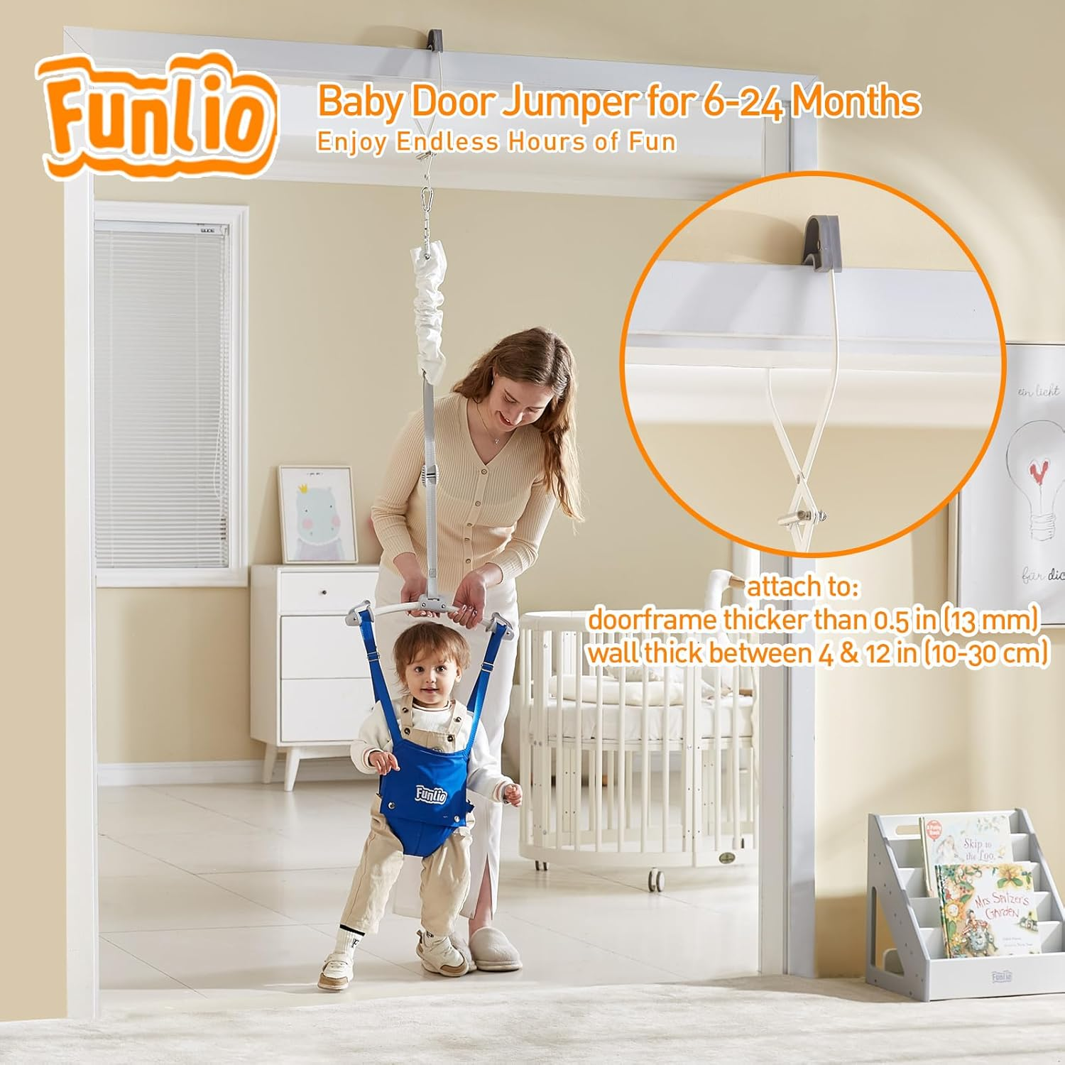 FUNLIO Baby Door Jumper for 6-24 Months (With Door Clamp), Jumper Doorway with Strong Spring & Adjustable Strap, Portable Infant Baby Bouncer, Easy to Assemble, Bearing 40 Lbs, CPC & CE Certified image number 4
