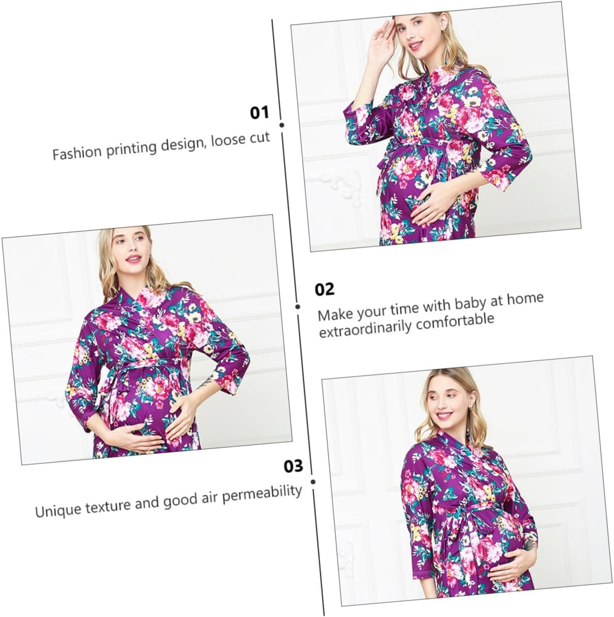FOMIYES 3Pcs Maternity Robe for Women with Blanket and Headband Breathable Nursing Nightgown with Elegant Floral Print Comfortable Loose Fit Sleepwear for Postpartum and Pregnancy S image number 2