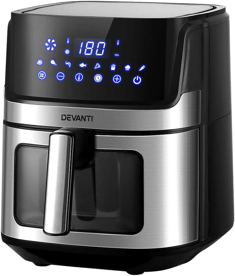 Devanti Air Fryer, 6.5L 1700W Stainless Steel Airfryer Electric Cooker Deep Fryers Rack Silicone Baking Basket Kitchen Oven Household Small Kitchens Appliances, LCD Touch Control Panel image number 1