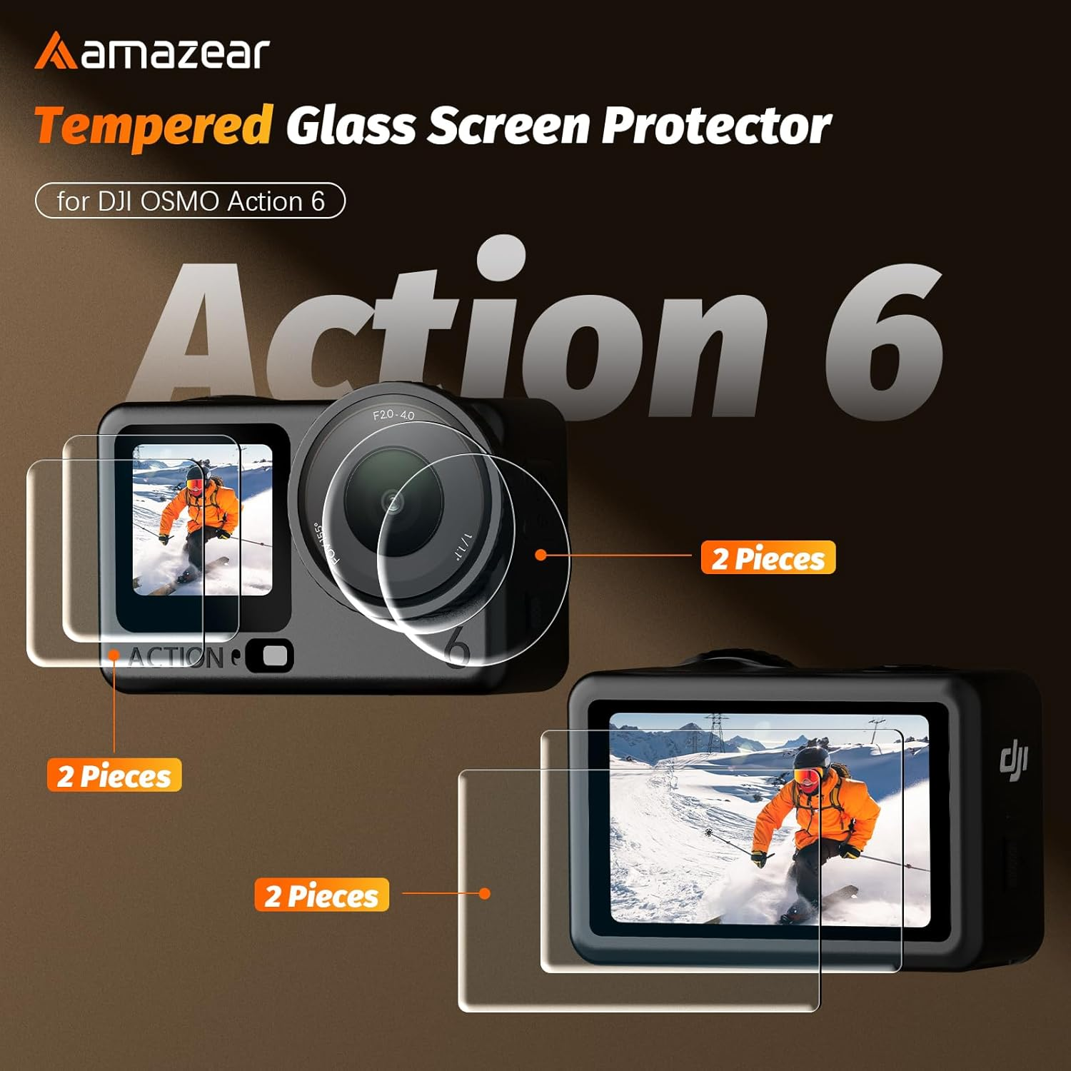 AMAZEAR Lens Screen Protector for DJI Osmo Action 6 Accessories, 2 Sets Action6 Tempered Glass Screen Cover with Silicone Lens Cap Protective Kit, Scratch-Resistance, Dustproof image number 1