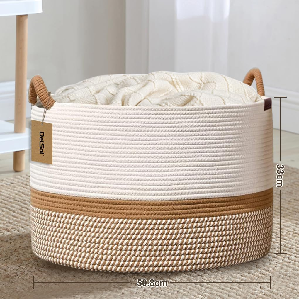 Delsol Large Blanket Basket Woven Wicker Nursery Cotton Rope Baskets for Storage Pillows Clothes Toy Organizer Hamper with Handle (Camel & White) image number 5