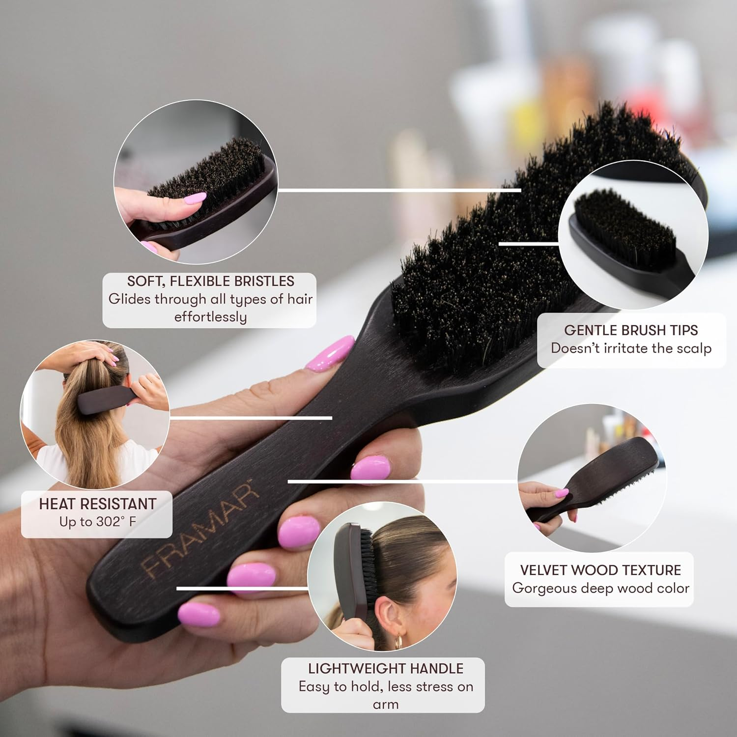 FRAMAR Slick Back Hair Brush Boar Bristles &ndash; Slick Back Brush, Smoothing Hair Brush for Women, Boar Bristle Hair Brush for Fine Hair, Slickback Brush for Volume and Shine - Brown Velvet