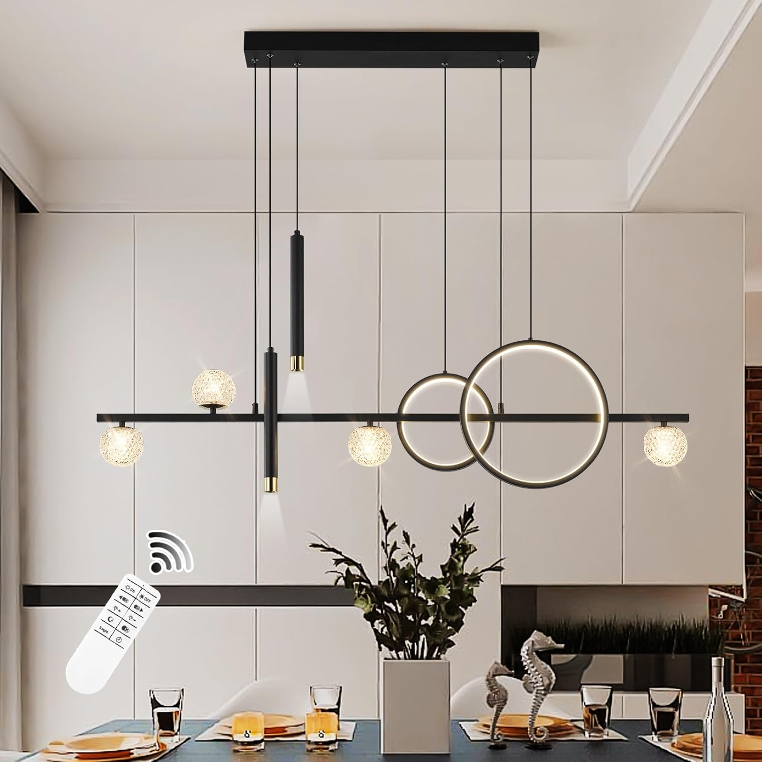 ORANOOR Modern LED Pendant Lights, Dimmable 47In Linear LED Chandelier Lighting, Upgraded Black & Gold Dining Room Hanging Light Fixtures Kitchen Island Globe Pendant Light for Dining Table (4200Lm) image number 2