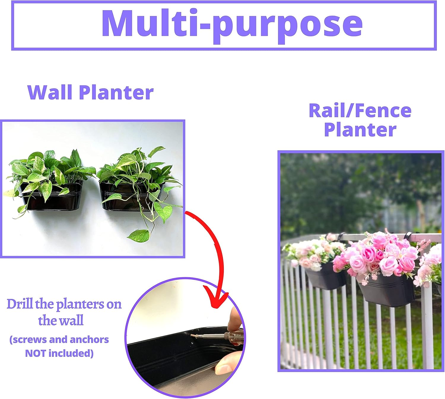 Lalagreen Outdoor Rail Planter (4 Pack, 11.8 Inch) Black Metal Iron Hanging Flower Pots Deck Railings Fence Buckets Modern Countryside Boho Style Wall Mount Window Box Plant Holder Hooks Porch Decor image number 2