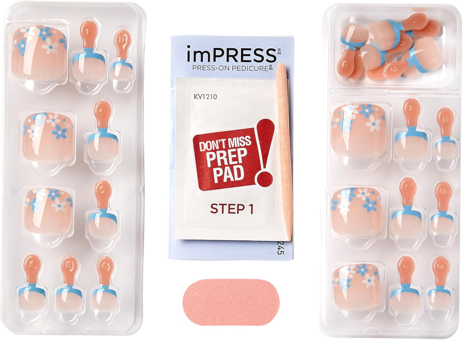 KISS Impress No Glue Pedi Press-On Nails, Design, Paradise Ticket', Light Beige, Short Size, Squoval Shape, Includes 24 Nails, Prep Pad, Instructions Sheet, 1 Manicure Stick, 1 Mini File image number 3