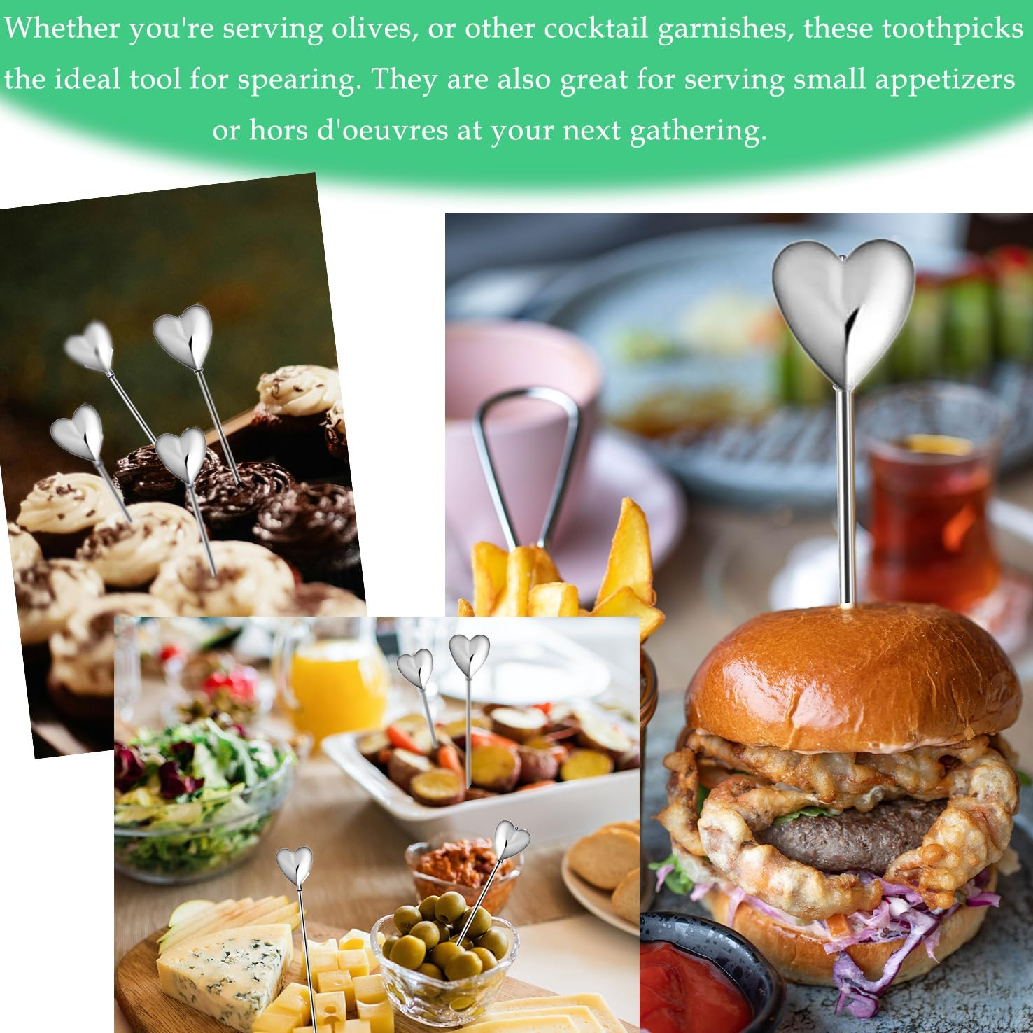 Heart Cocktail Picks for Drinks 4 Inch Stainless Steel Reusable Martini Picks Cocktail Garnish Skewers for Olive, Twist, Berry, Beach Style Decor 6-Piece image number 4