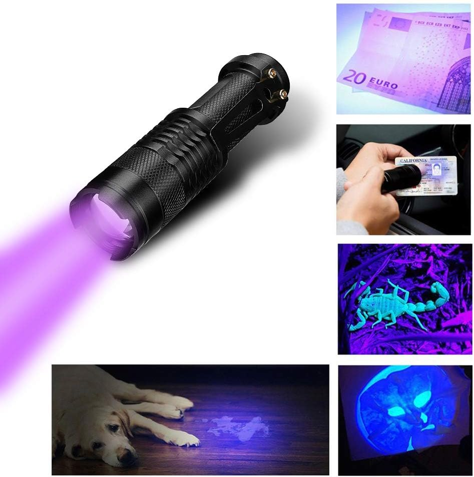 UV LED Blacklight Flashlight,Vagocom Pocket Zoomable Battery Operated Powered Ultraviolet Black Light with Clip 3Modes for Dog Cat Pet Stains,Work with Pet Odor Eliminator(Battery Included) image number 1