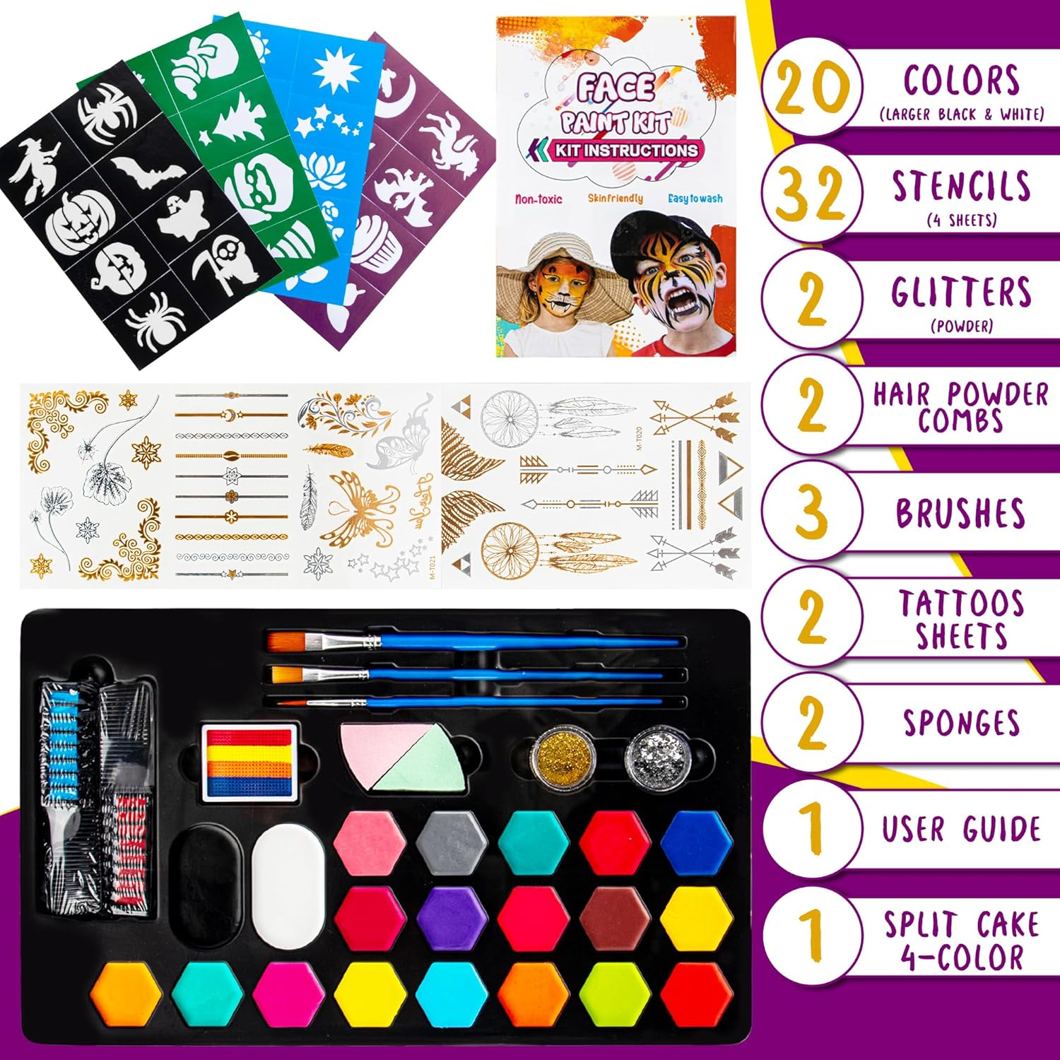 Face Painting Kit for Kids - 20 Colors Water Based Non Toxic Face Paint Kit, Face Painting Kit Professional Includes Hair Chalks,Brushes,Stencils & Tattoos - Party Halloween Christmas Makeup Kit image number 4
