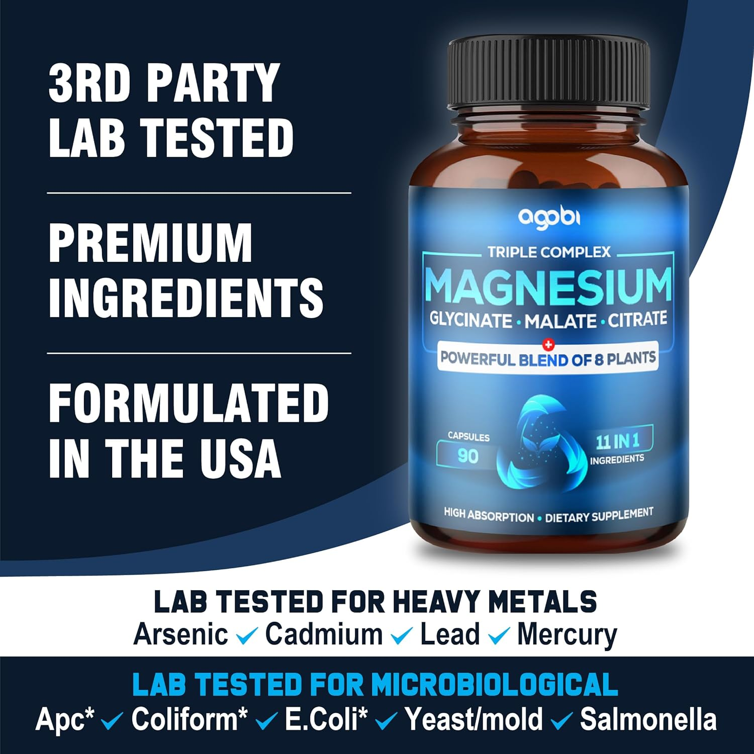 11In1 Magnesium Glycinate Chelate Complex with Magnesium Malate Powder, Pure Magnesium Citrate, Black Bean & Others - 90 Capsules image number 1