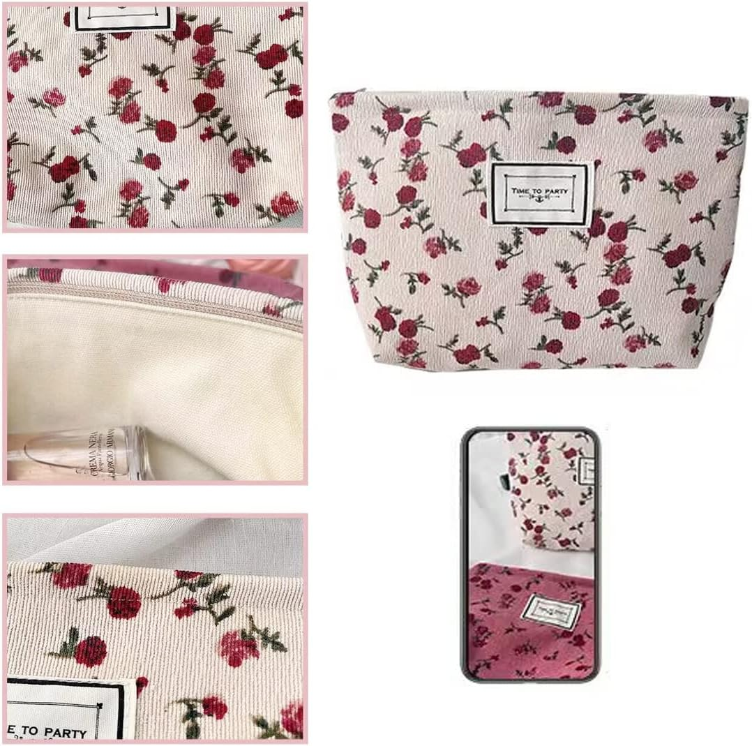 Cosmetic Bags for Women Makeup Bag Large Capacity Purse Travel Bags for Cosmetics Zipper Storage Pouch Make up Organizer for Women and Girls Gifts, Beige, Rose image number 3
