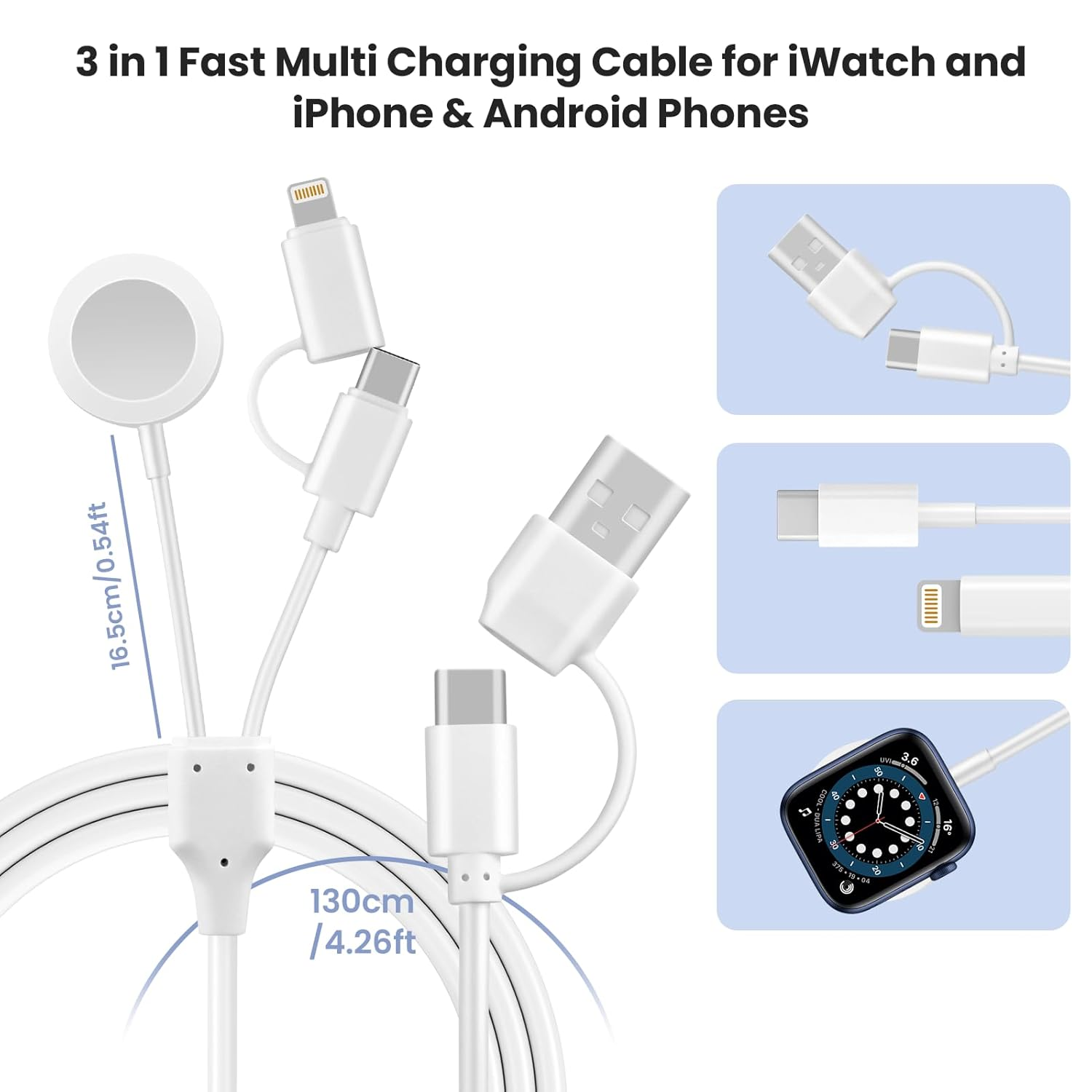Nocelyn for 3 in 1 Apple Watch Charger, Fast Iwatch Charger for Iwatch Ultra/Se/10-1, Fast Multi Charging Cable to USB C/USB-A for Iphone & Android Phones