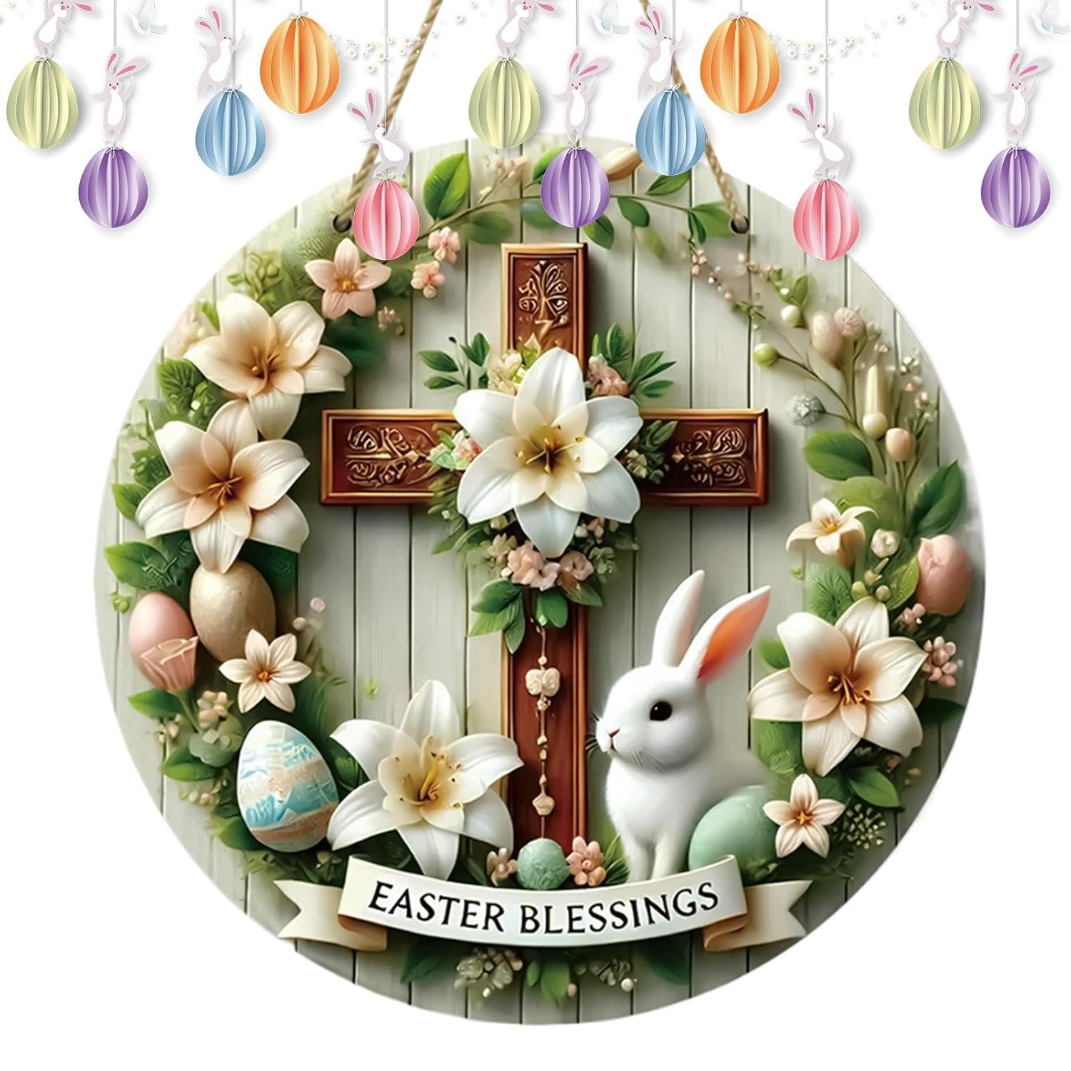 Easter Dangling Sign - Easter Blessing Welcome Sign for Front Door | 20Cm round Plate Dangling Decoration, Bunny with Colorful Eggs Decor for Home Farmhouse Indoor Outdoor image number 5