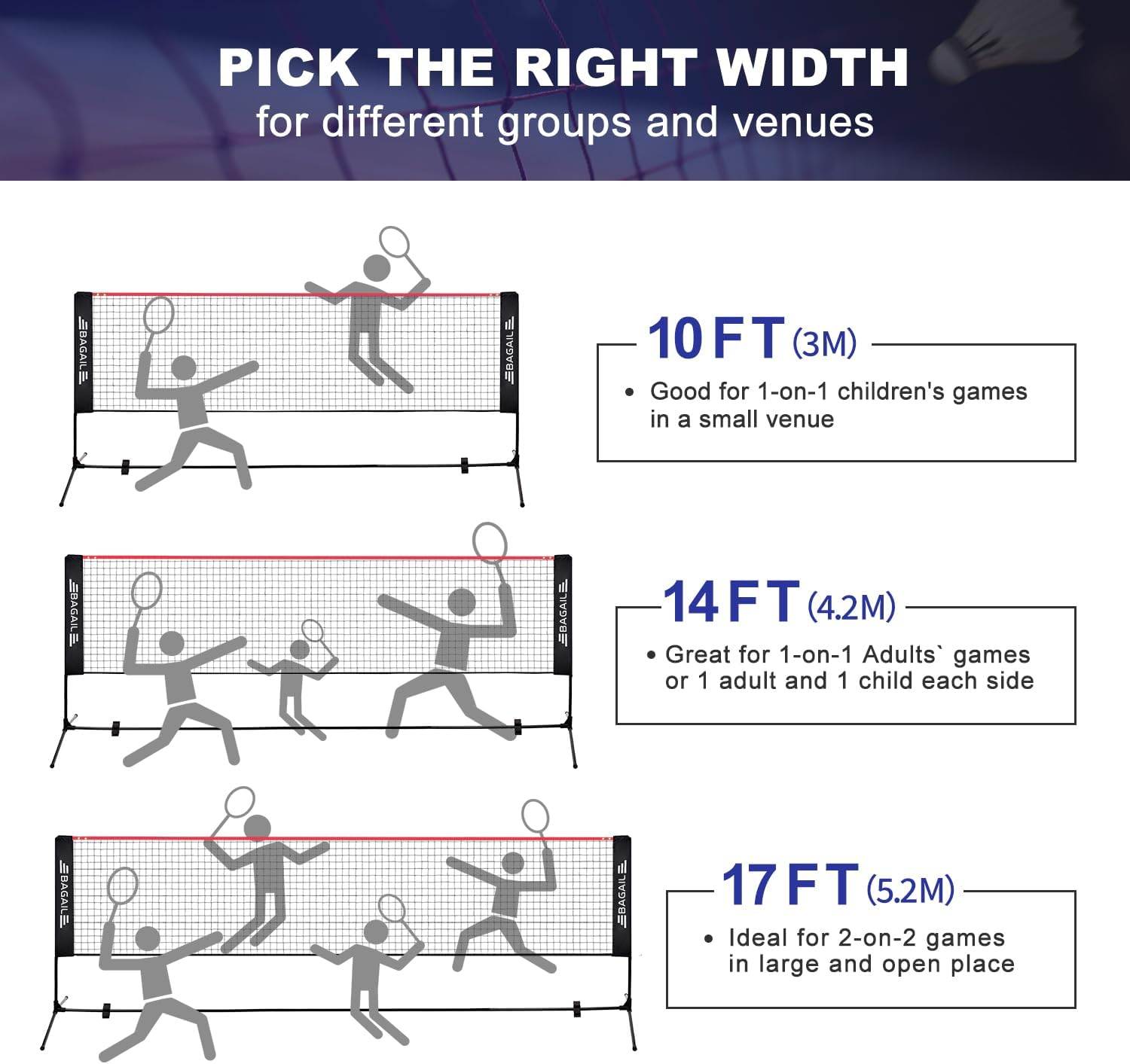 BAGAIL Badminton Net, Height Adjustable Kids Volleyball Net, Foldable Nylon Net 10 Ft/14Ft/17Ft Wide, Tennis Net, Small Pickleball Net for Backyard Game and Indoor Outdoor Use, Easy Setup image number 2