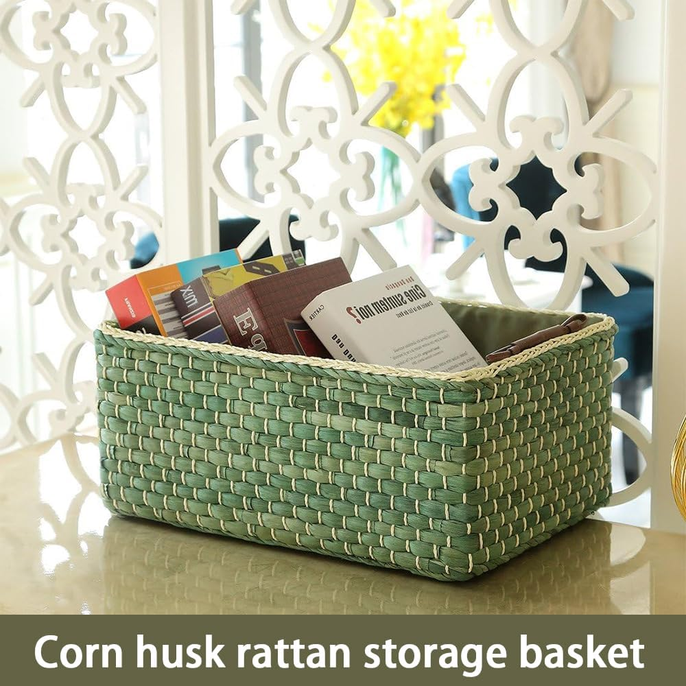 Shukitechi Woven Storage Basket for Drawers, Large Green Corn Fiber Basket, Multi-Purpose Shelf Organization Basket for Home, Bedroom, Kitchen, Office image number 2