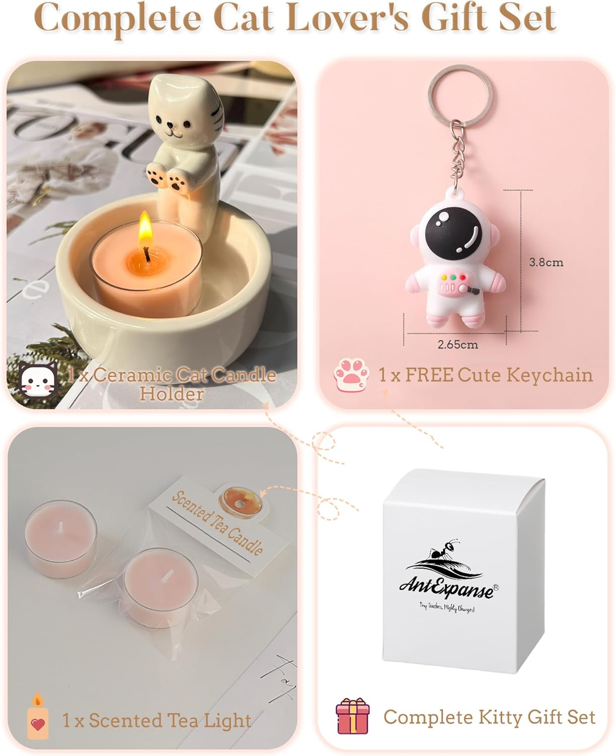Antexpanse Ceramic Cat Candle Holder Set, Cute Kitten Warming Paws Tealight Holder with Scented Candle & Bonus Keychain, Unique Gifts for Cat Lovers & Women, Adorable Home & Room D&eacute;cor image number 3