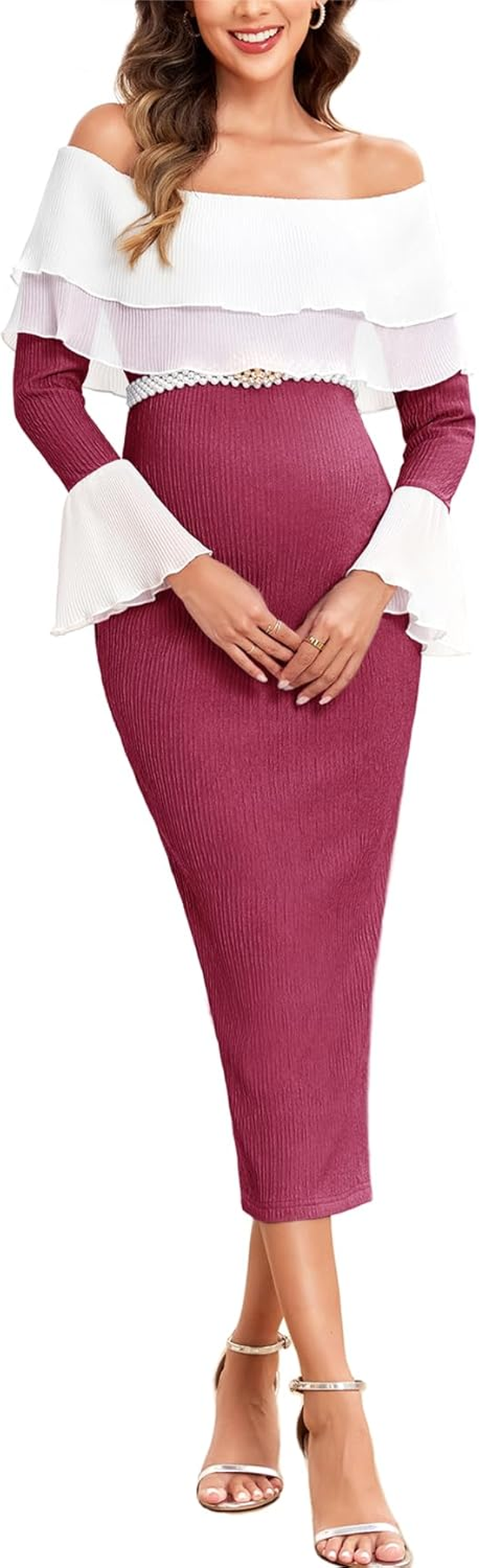 Off Shoulder Maternity Dress Ruffle Trim Bell Sleeve Stretchy Fitted Pregnancy Dresses Baby Shower Photoshoot