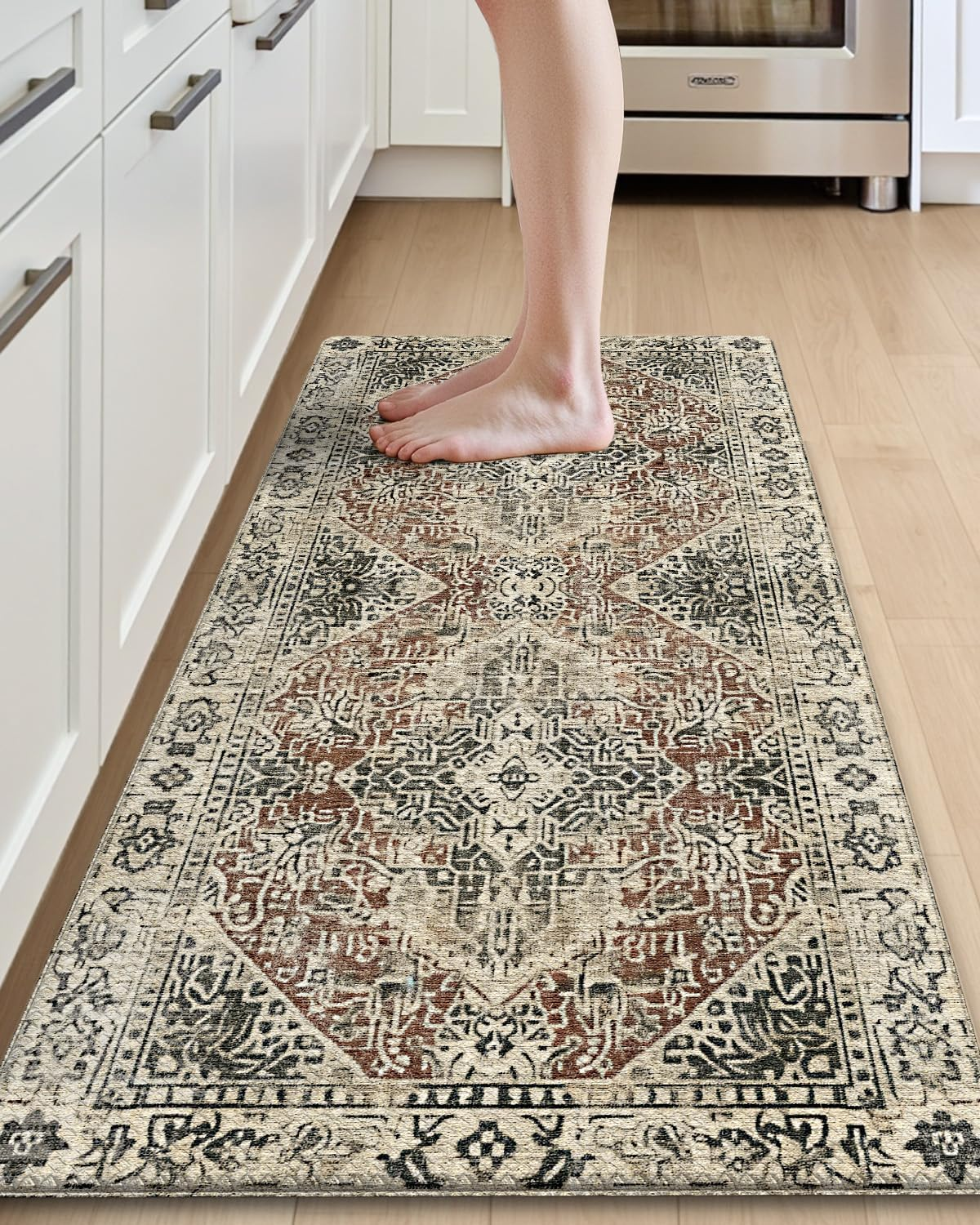 DEXI Kitchen Floor Mats anti Fatigue, Cushioned Waterproof Runner Rug Boho Floral, 23X59 Extra Wide Standing Padded Non Slip for Farmhouse, Cream and Red