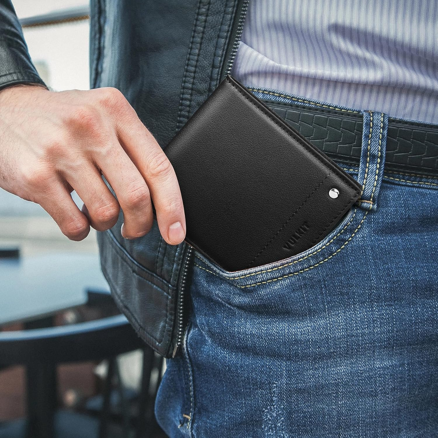 VULKIT Men'S Bifold Wallet Genuine Leather Wallet RFID Blocking with Multiple Card Slots and Double ID Windows Everyday Carry Wallet