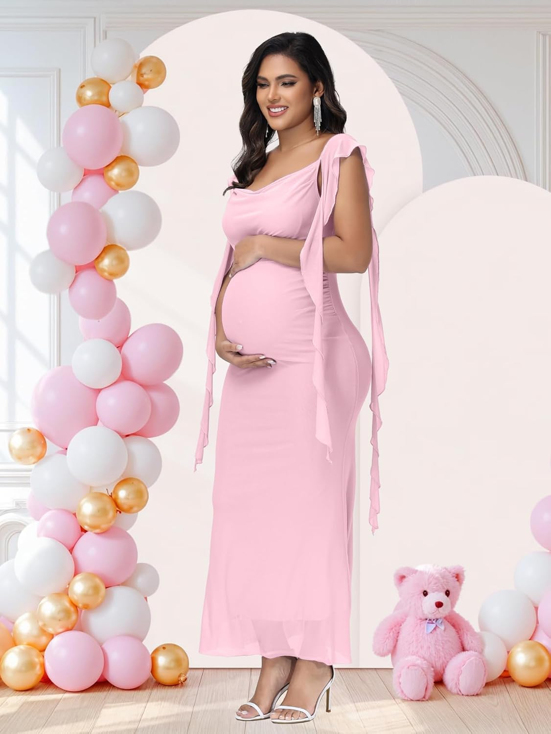 Justvh Women'S Maternity Draped Neck Ruffle Baby Shower Dress for Photoshoot Party Bodycon Long Dress image number 5