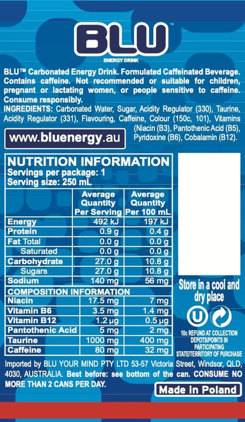 BLU Energy Drink Classic 250Ml (24 Pack) image number 4
