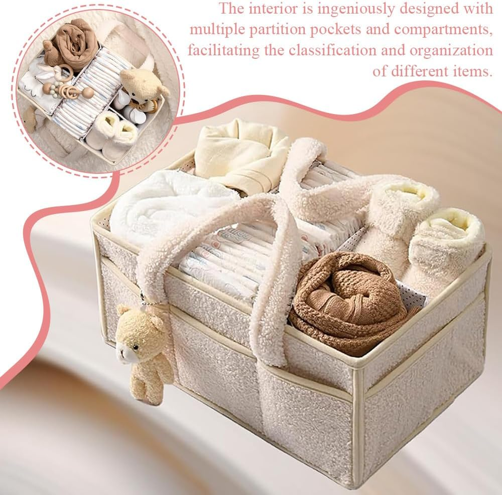 Diaper Caddy Organizer,With Compartments,Plush Storage Bag,Portable Car Travel Organizer,Foldable Essentials Storage,For Diapers,Wipes,Towel image number 4