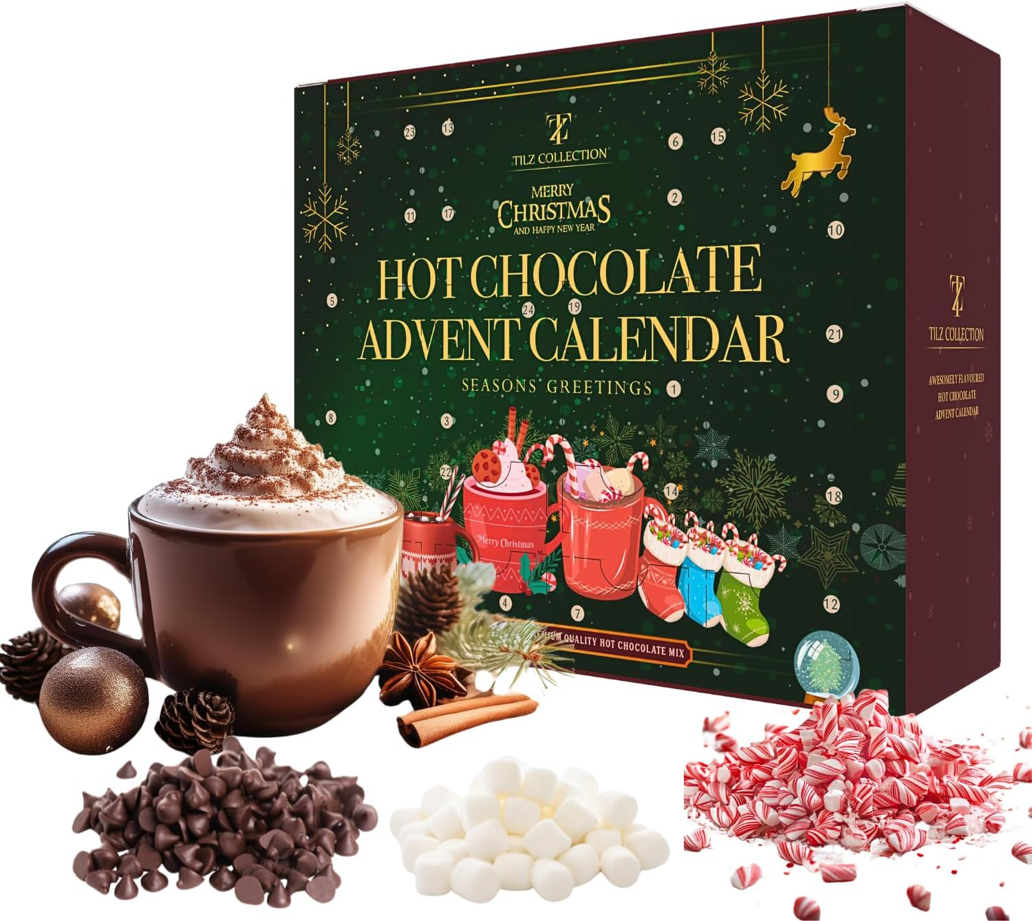 2023 Advent Calendar: 24-Day Set with Hot Chocolate Selection, Marshmallows, Candy Canes, Chocolate Drops - 12 Flavors image number 4