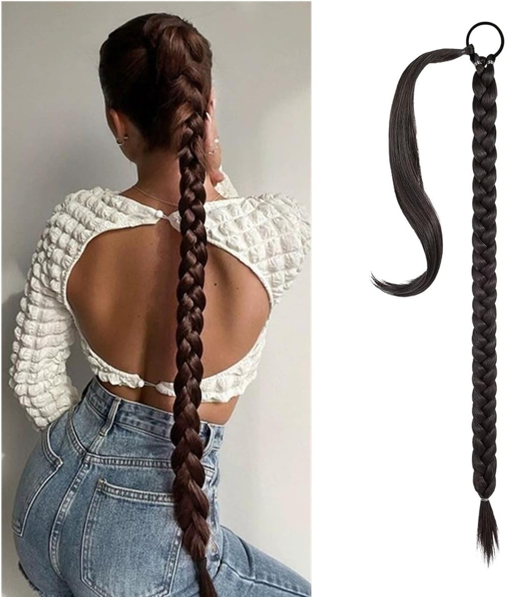31 Inch Long Braided Ponytail Extension with Hair with Tie Straight Wrap around Hair Extensions Pony Tail DIY Natural Soft Synthetic Piece for Women (80Cm, Black) image number 1