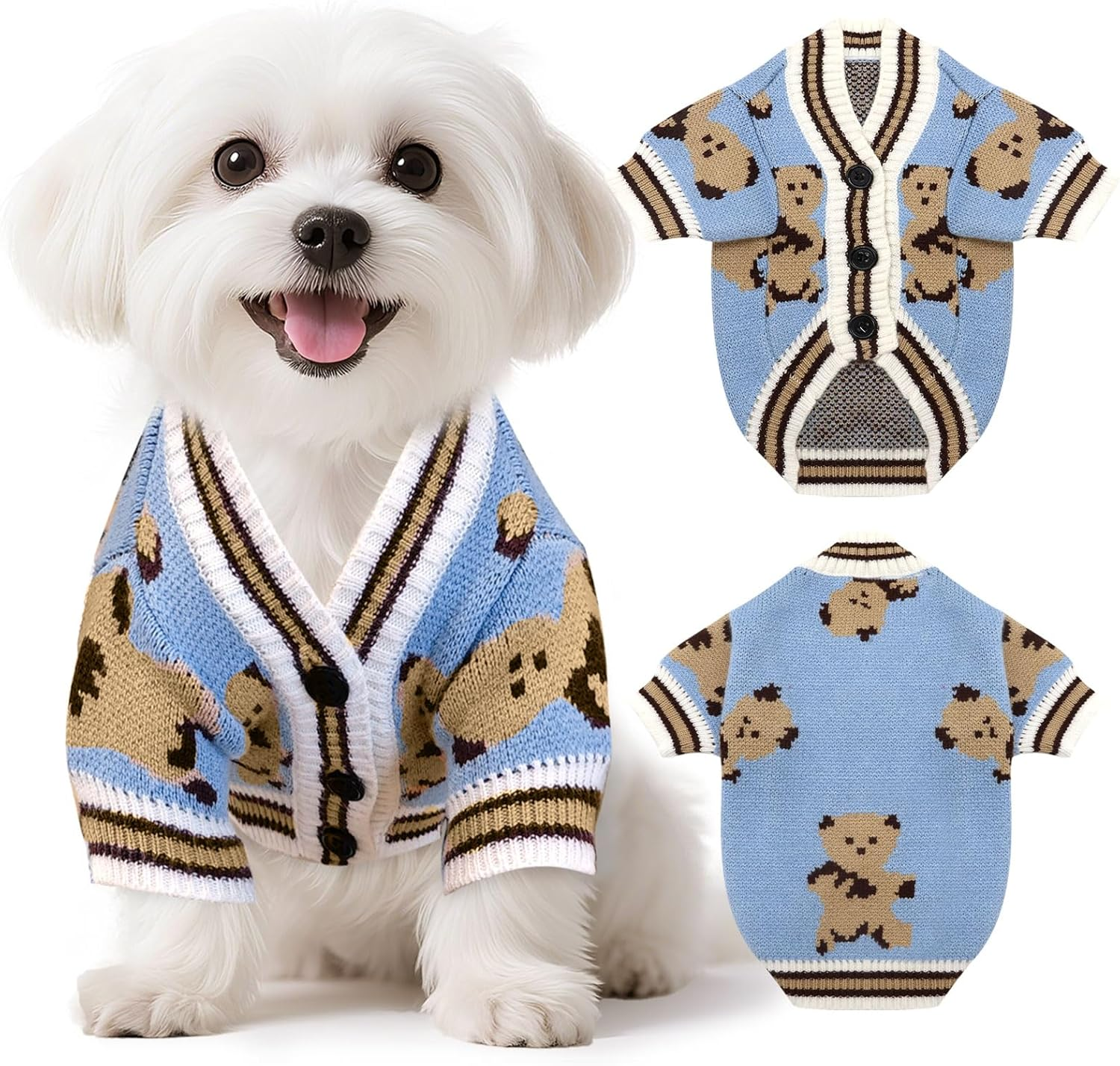 Small Dog Sweaters Cute Bear Knitted Dog Cardigans Clothes for Small Medium Dogs Soft Pet Puppy Cat Knitting Outfits Fall Winter Warm Boy Girl Dogs Knitwear Coat Apparel（Blue,X-Small）