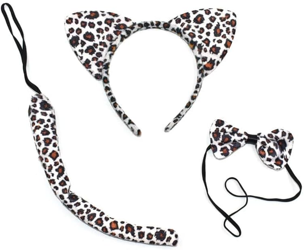 LEEMASING Animal Ears Tail Bow Costume Set for Halloween Cosplay Party Costume Accessory (White Leopard Print) image number 1