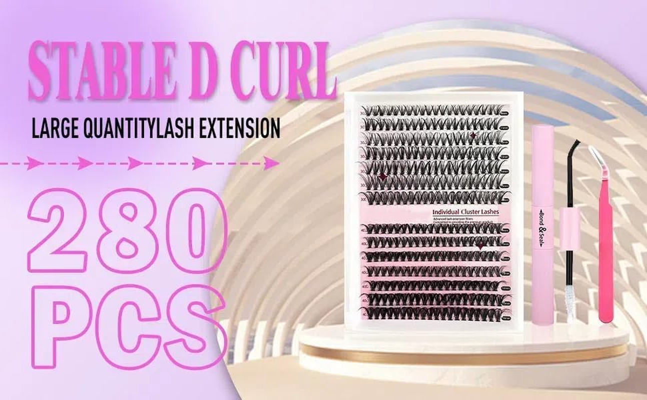 Biubiu Lash Extension Kit DIY 280Pcs Lash Clusters Eyelash Extension Kit, 9-16Mm 30D 40D Individual Lashes Kit with Lash Bond and Seal, Lashes Tweezers for Self Use (30D&40D, 0.07D, 9-16Mm, Kit) image number 2